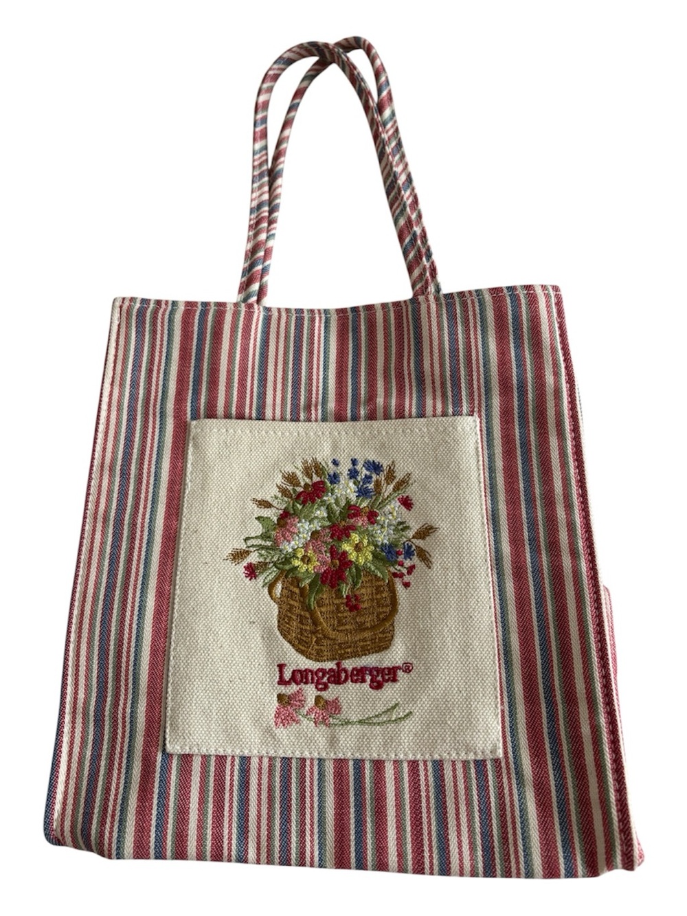 Longaberger Red, Blue & Cream Striped Canvas Tote with Embroidered Basket